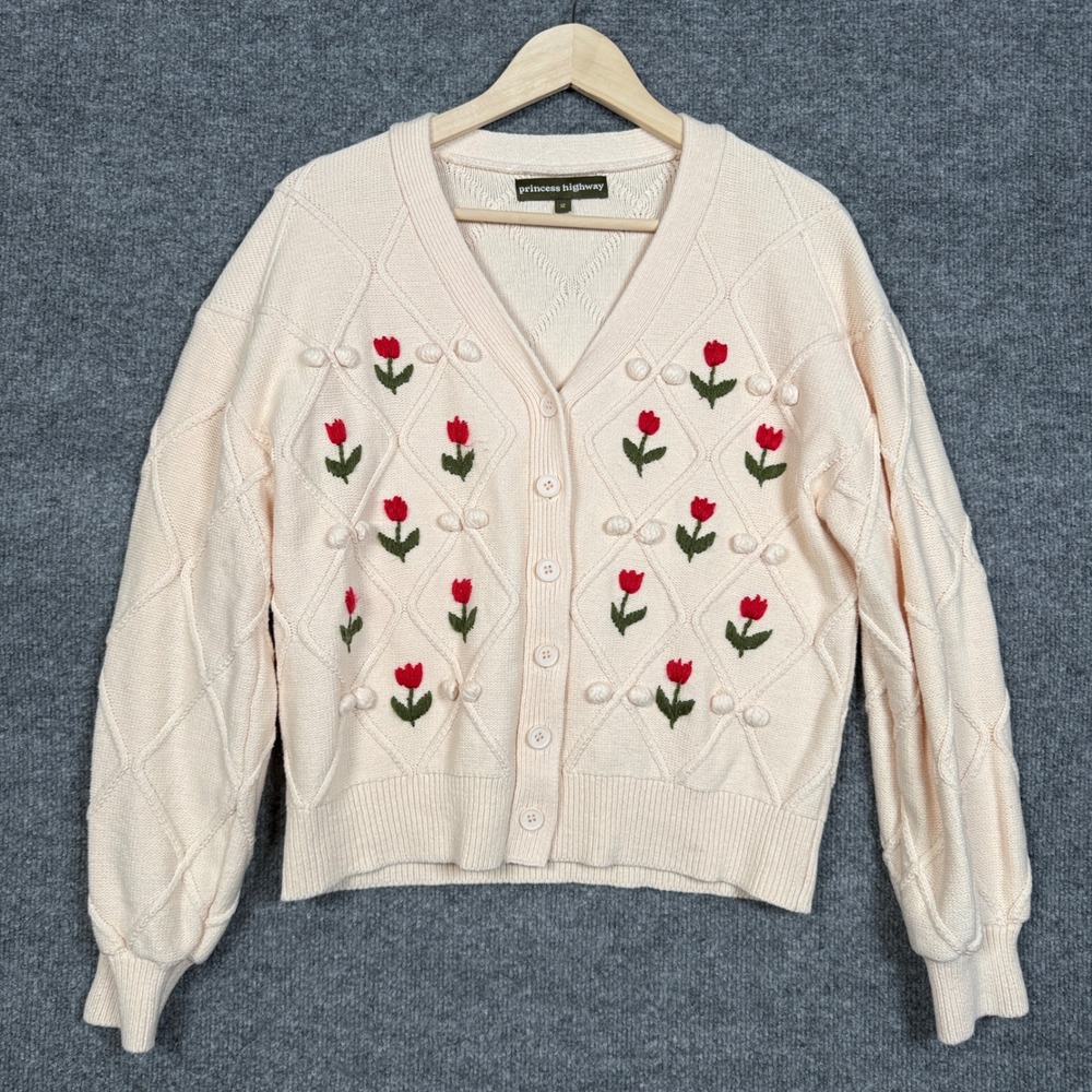 Princess Highway Size‎ 12 Sweater Cardigan Cream Embroidered Tulips Knit Whimsy